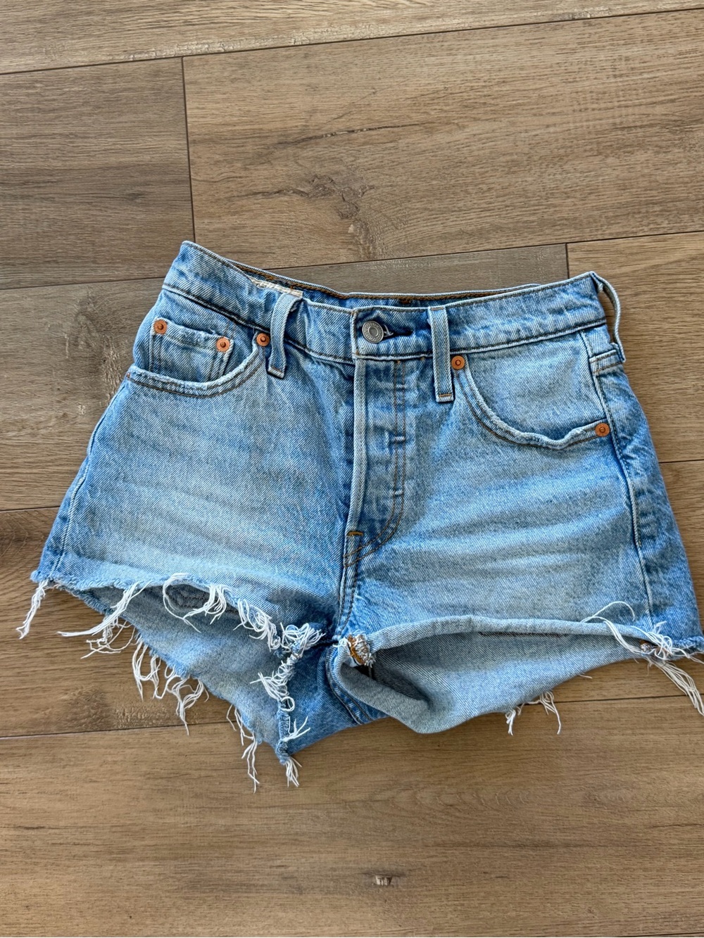 Levi's Light Blue Distressed High-Rise Denim Shorts